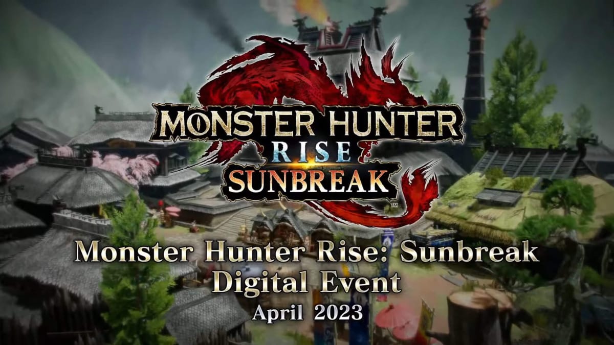 A Monster Hunter Rise: Sunbreak Title Update 5 banner showing Kamura Village in the background and the game's logo in the foreground
