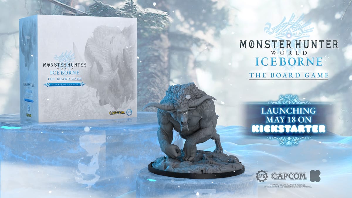 Promo art of the game box for Monster Hunter: World Iceborne board game and a gray Rajang miniature on a light blue surface