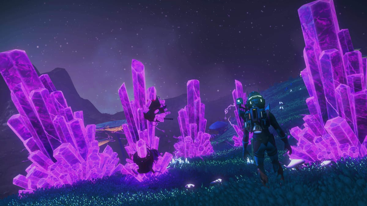 The player standing among giant purple crystals erupting from the ground in the No Man's Sky Interceptor update