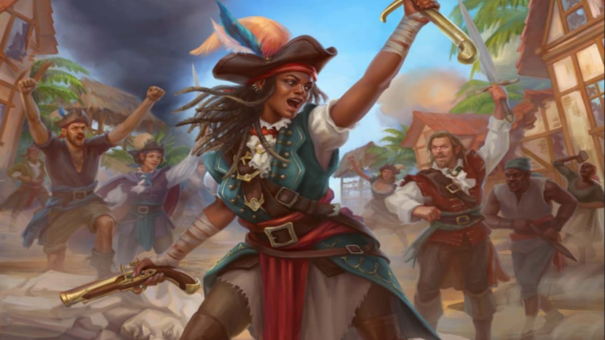 Artwork from Pathfinder Lost Omens Firebrands featuring a swashbuckling pirate surrounded by a cheering crowd