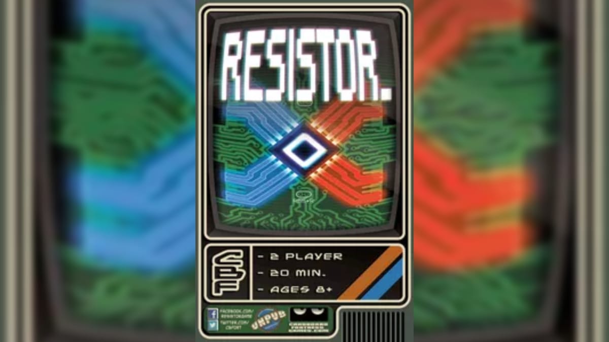 RESISTOR_ Game COver ARt showing bright blue and orange circuitry with the game logo at the top of the box