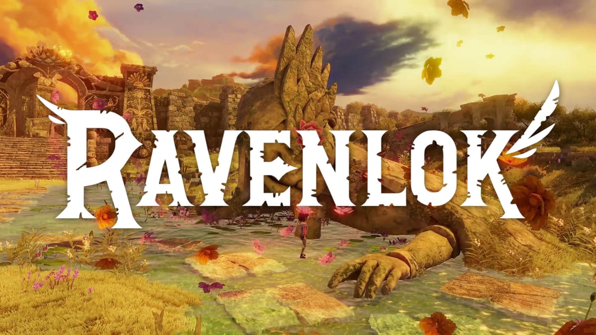 The Ravenlok logo with Ravenlok and a stone goddess in the background