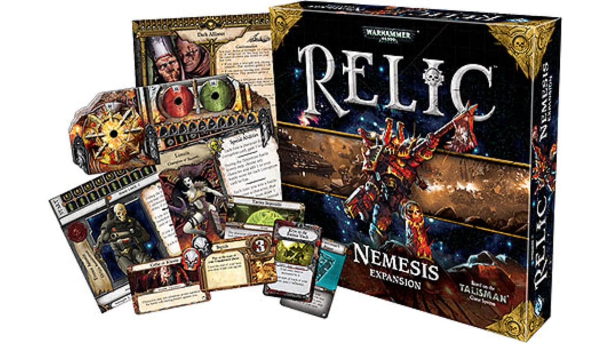 Relic Board Game Cover and Contents depicting many cards, dice and art showing a grim space marine character facing the viewer