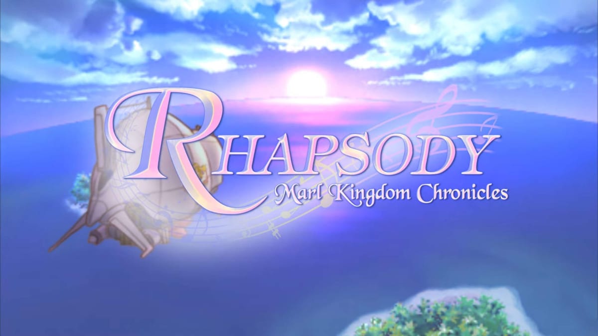 Key art and the logo for Rhapsody: Marl Kingdom Chronicles, depicting an airship flying over a serene landscape