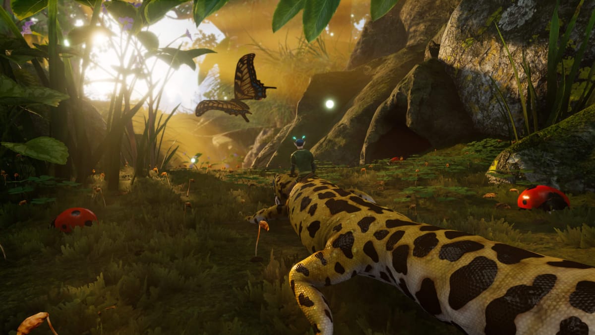 The player riding a lizard and chasing butterflies in Smalland