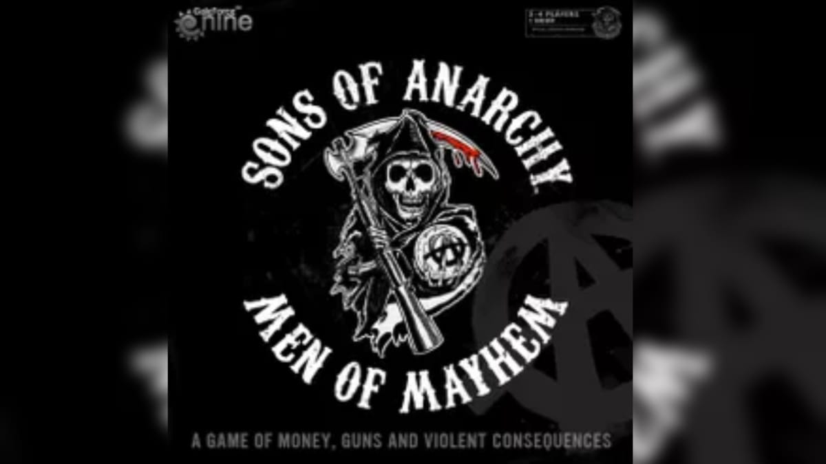Sons of Anarchy Men of Mayhem Cover Art with Grim Reaper in the centre, surrounded by the game's title 