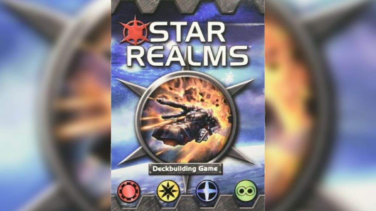 Star Realms Card Game Cover Showing a Space Ship Blasting Through a Circle Symbol that appears to be on fire, while the background is mostly devoted to a random planet. 