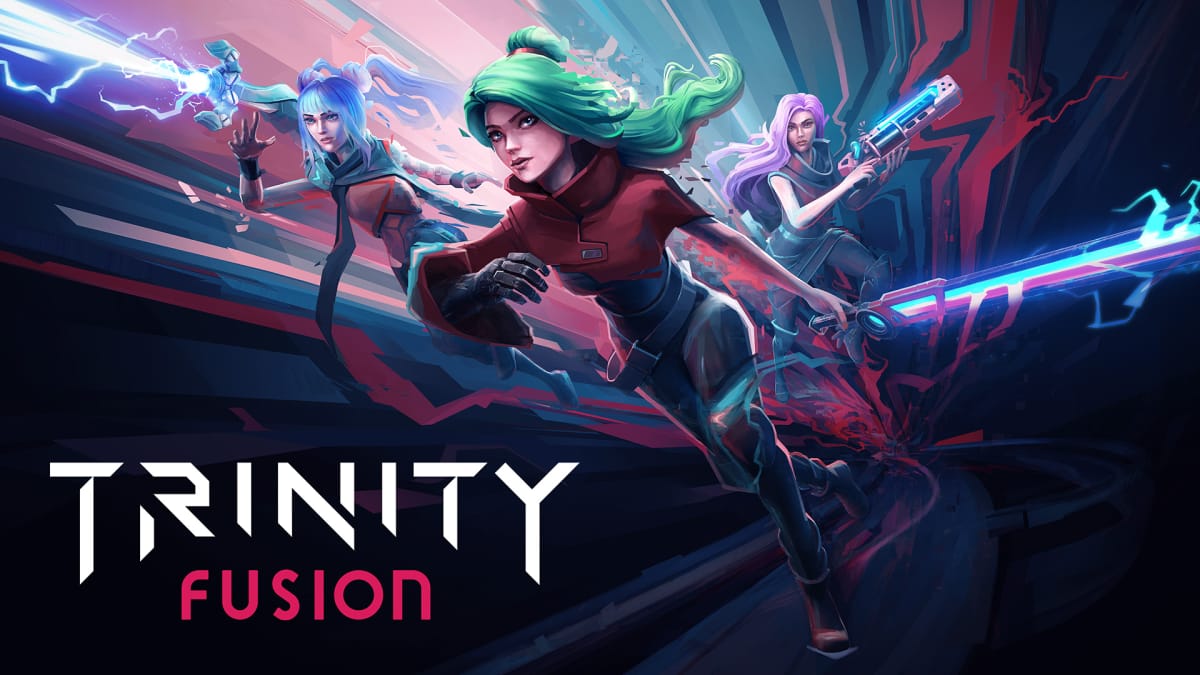 Key art of Trinity Fusion with all three player characters in a void-like backdrop