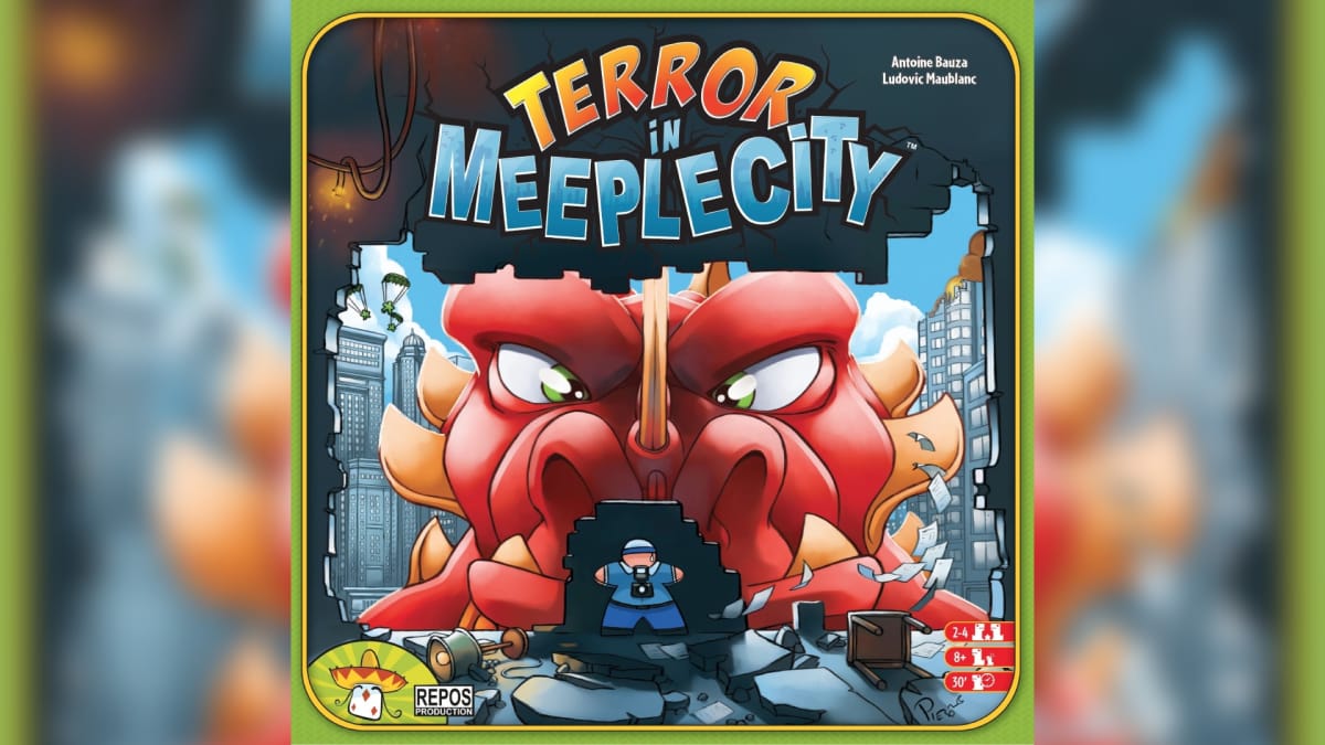 Terror in Meeple City Board Game Cover depicting a cartoon dragon-like monster towering over a tiny meeple-person 