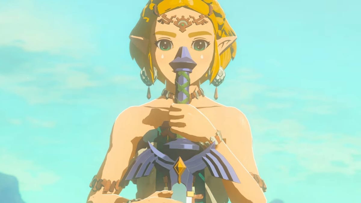 Zelda clutching what appears to be the Master Sword in The Legend of Zelda: Tears of the Kingdom