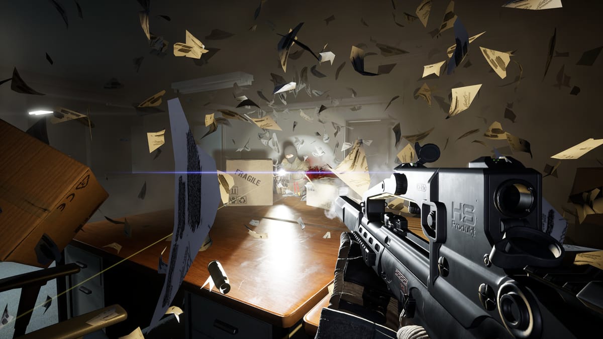 The player shooting at an enemy while paper flies everywhere in Trepang2