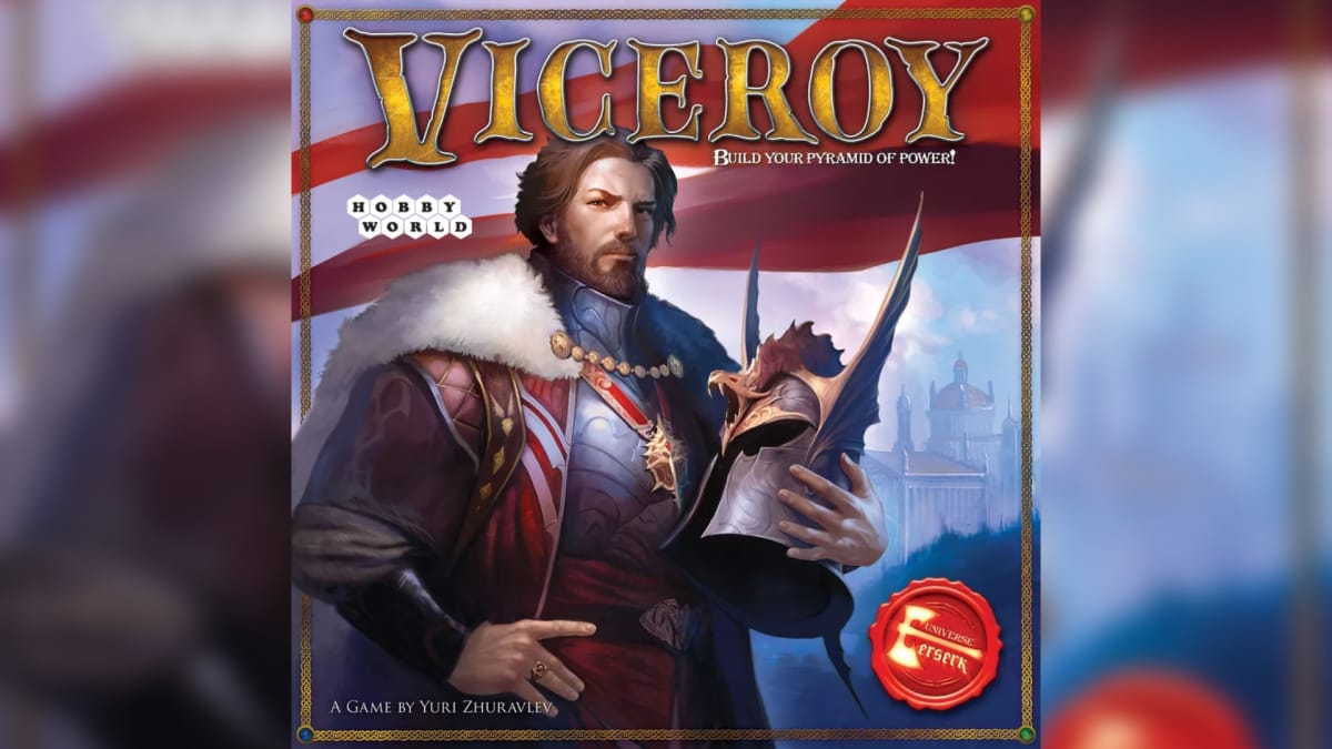 board game cover art showing a man in medieval regal dress, holding a helmet with a European castle in the background. 