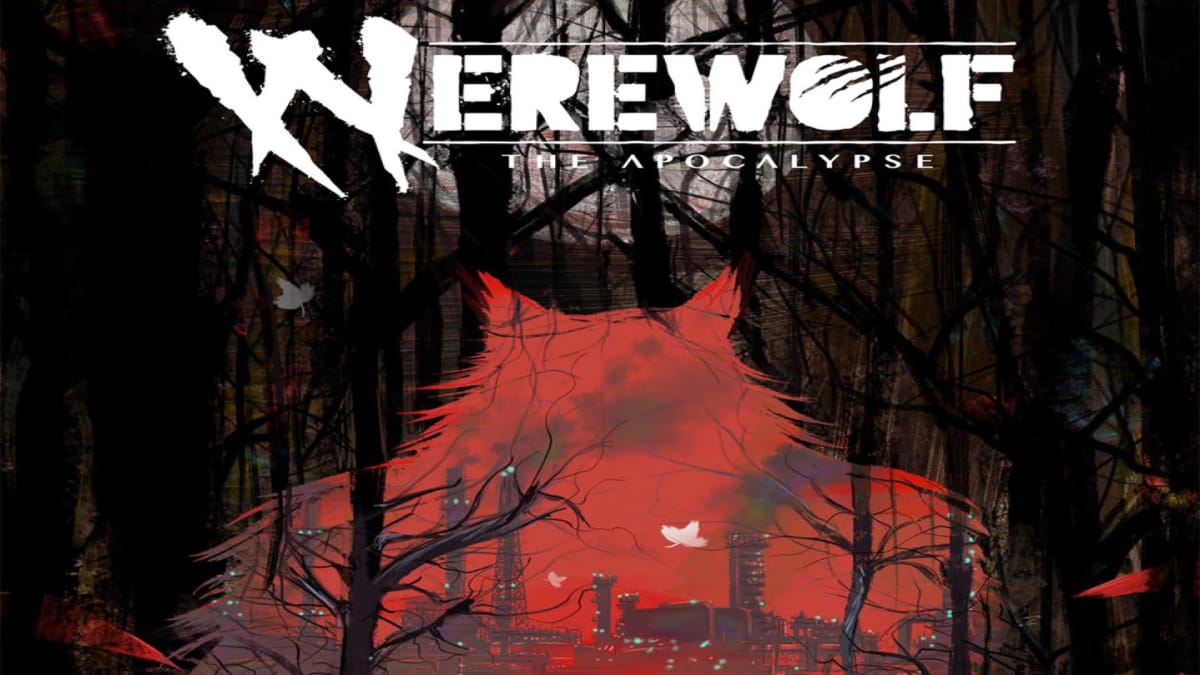Cover art for the core rulebook of Werewolf: The Apocalypse Fifth Edition, stylishly showing factories surrounded by a wild forest.