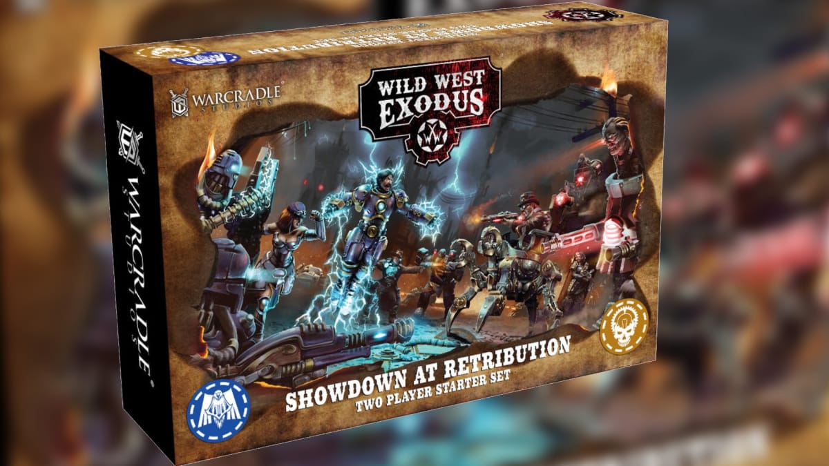 A board game box with cover art that depicts various stereotypical "Wild-West" character using steampunk technology they normally wouldn't have. 