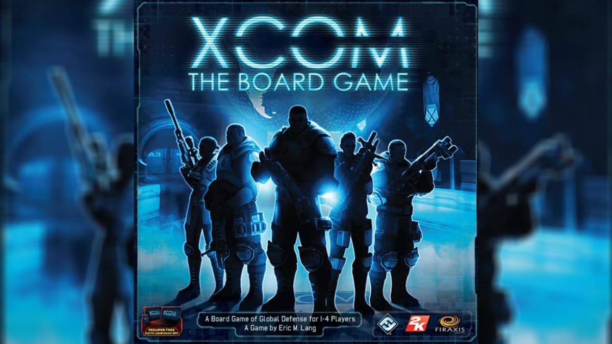 board game art depicting the silhouette of several soldiers with a blue tint, above their heads the words XCOM the Board Game are written. 