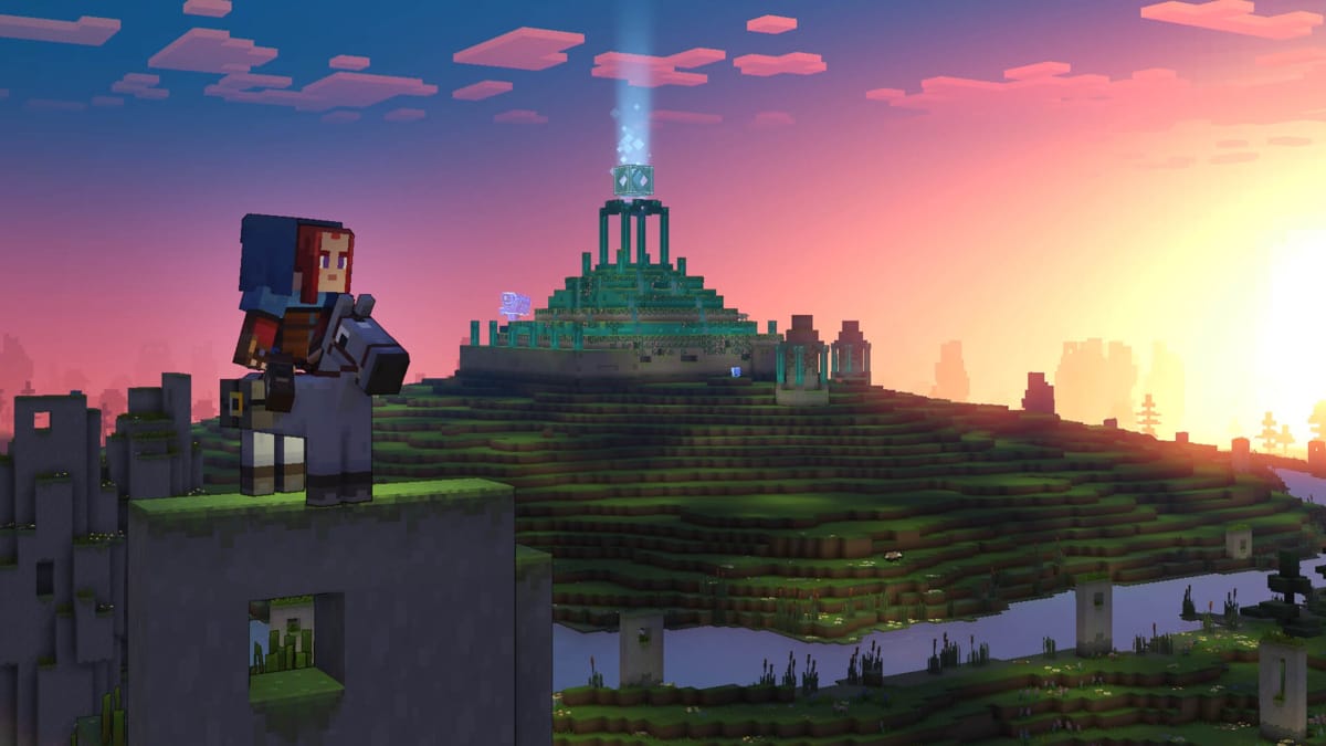 A blocky figure looking out over a blocky landscape in Minecraft Legends, one of the games coming to Xbox Game Pass in April 2023