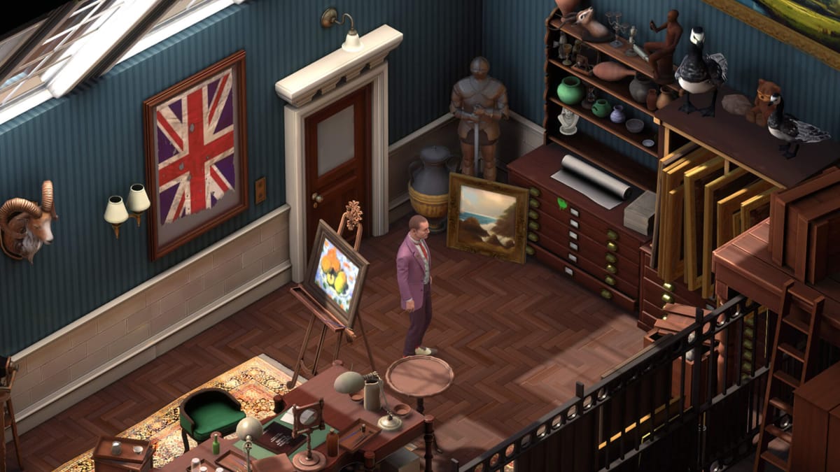 Poirot standing in a cluttered room with a Union Jack flag on the wall in Agatha Christie - Hercule Poirot: The London Case