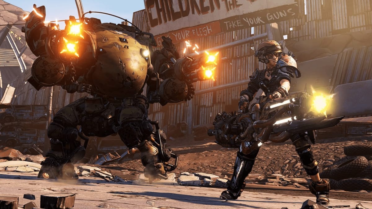 Borderlands 3 screenshot showing a mech/robot firing chain-guns wildly behind Moz taking up the foreground on the right. 