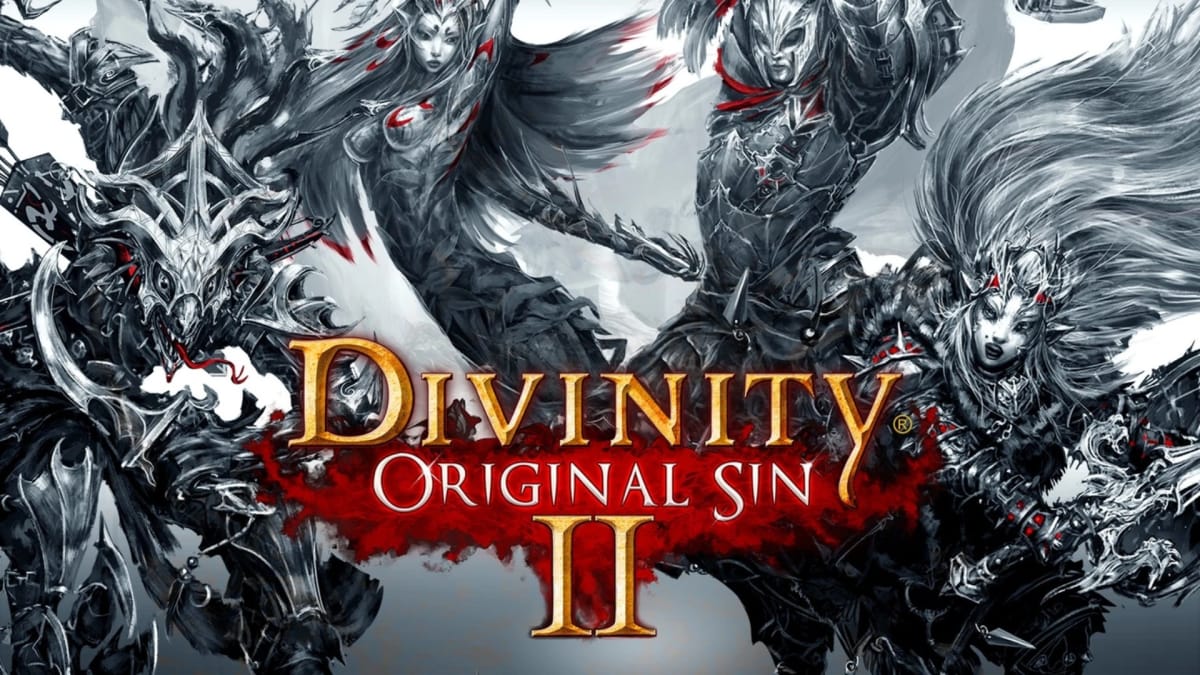 Artwork depicting several fantasy archetypes engaged in violent combat with only black, white and red colours visible. The art is in the style of ink-drawings, with the splashes of red to represent blood. Across the image the title "Divinity Original Sin II" is written. 