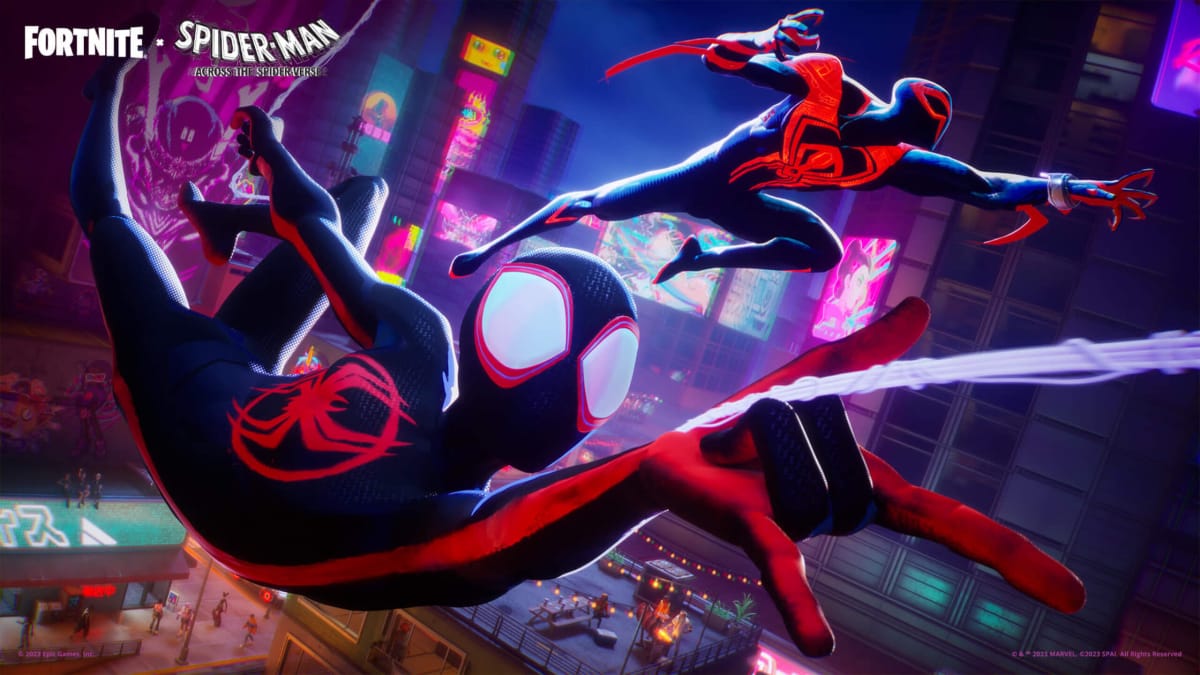 Miles Morales and Spider-Man 2099 swinging through a city in the Fortnite Spider-Man collab