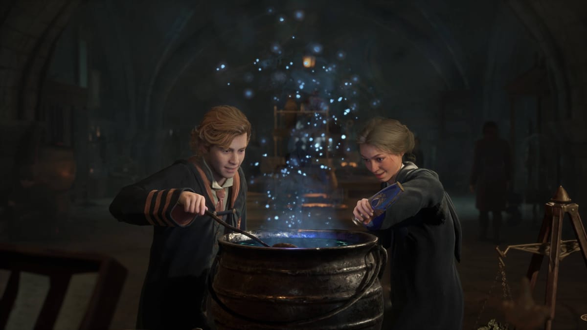 Two students mixing a substance in a cauldron in Hogwarts Legacy