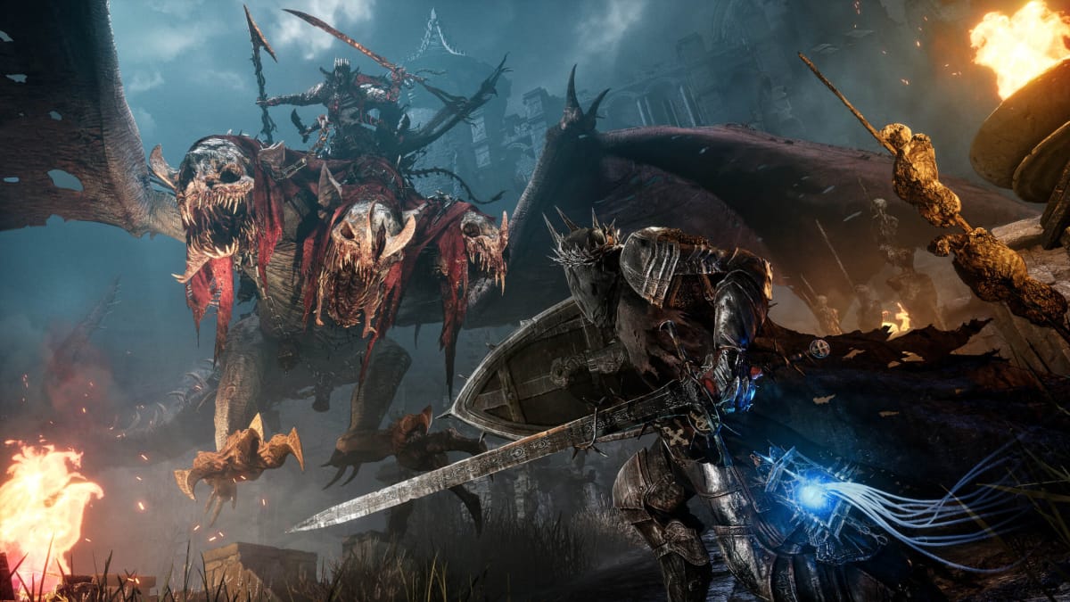 The player facing off against a nasty-looking three-headed monster and its rider in Lords of the Fallen