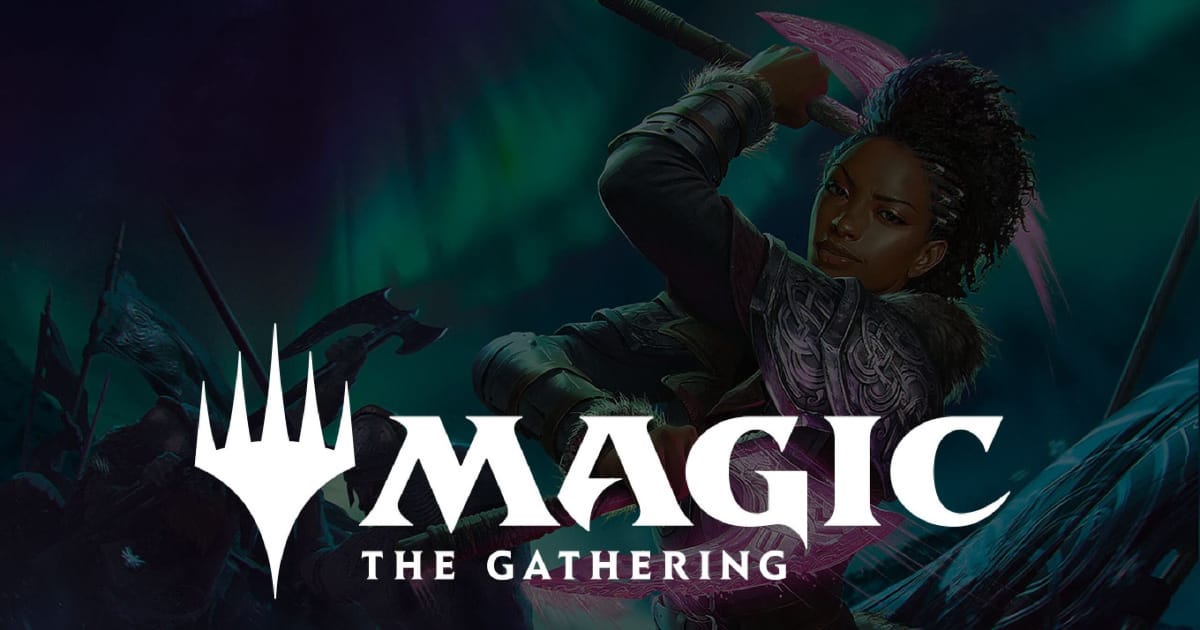 Magic the Gathering key art image featuring a female character attacking an unknown subject with an engraved axe with other soldiers in the background