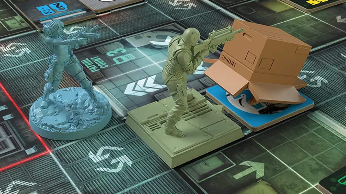 Pieces representing Meryl, a soldier, and a cardboard box in the Metal Gear Solid board game