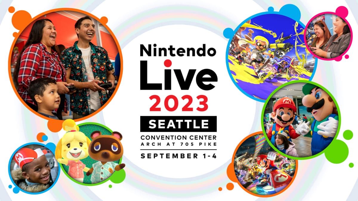 A banner showing various attendees at Nintendo Live, plus mascots and more