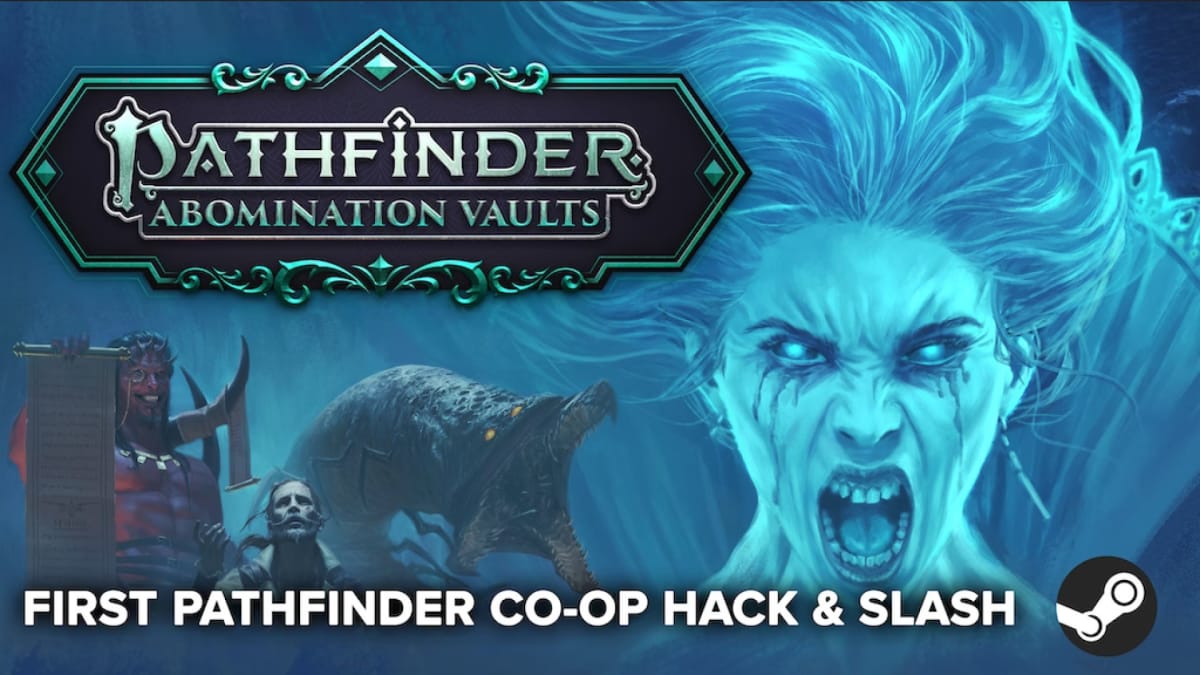 Featured logo for the Pathfinder: Abomination Vaults videogame, featuring the ghostly face of Belcorra Haruvex