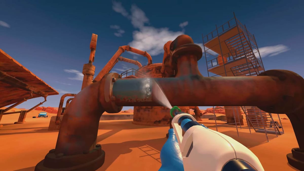 The player spraying a filthy pipe until it's clean in PowerWash Simulator
