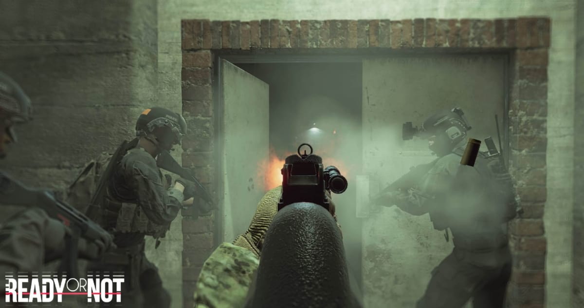 Ready or Not image shows Swat team attacking a door way from the perspective of rear character holding a gun
