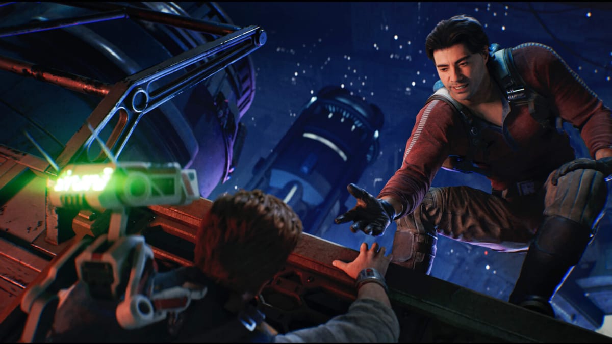 Bode reaching for Cal as the latter clings onto a ledge in Star Wars Jedi: Survivor