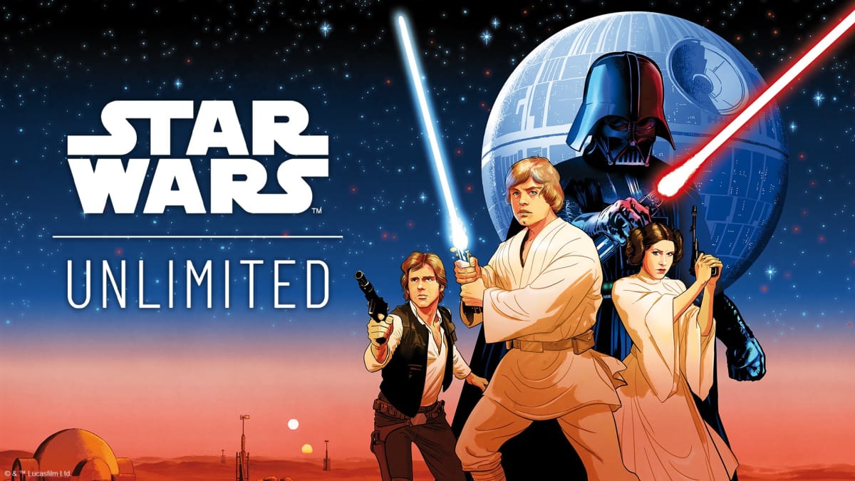 Official artwork for Star Wars: Unlimited, featuring Luke, Han, Leia, and Darth Vader posing on the sands of Tatooine.
