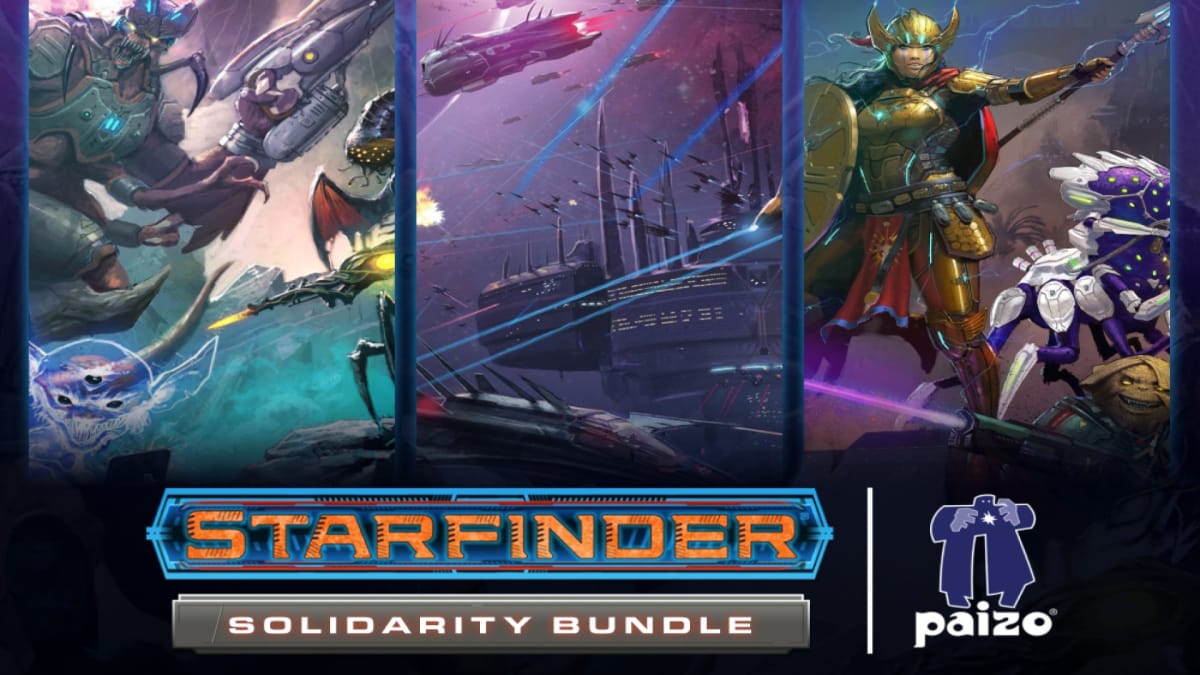The artwork and logo for the Starfinder Solidarity bundle, featuring aliens, starships, and warriors with spears