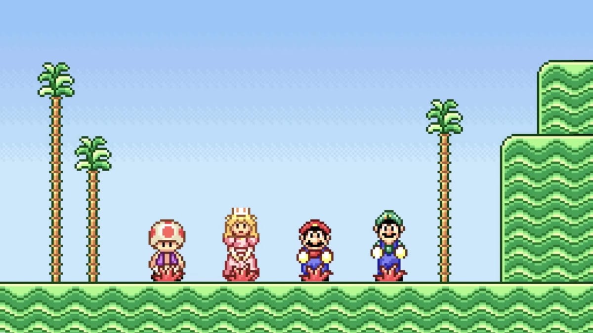 The four playable characters in Super Mario Advance, one of the games coming to Switch Online this month, standing in a row