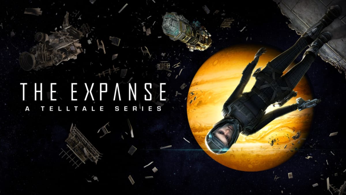 Official poster artwork for The Expanse: A Telltale Series, featuring Carmina Drummer in a spacesuit floating around debris