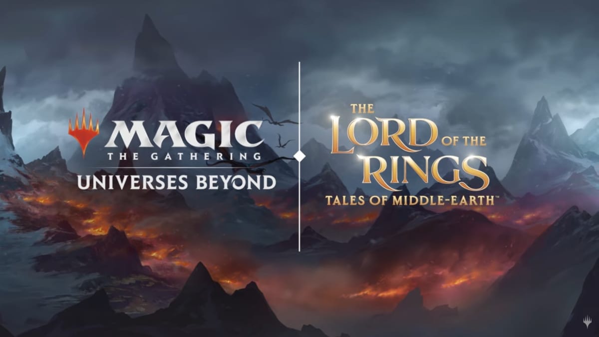 The logo for both Magic: The Gathering and The Lord of the Rings: Tales of Middle-earth, in front of a painting of Mount Doom.