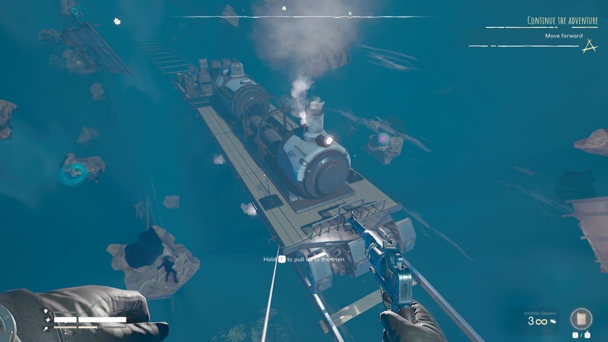 Voidtrain screenshot showing a steam train hanging in a void surrounded by broken bits of rock and other equipment. 