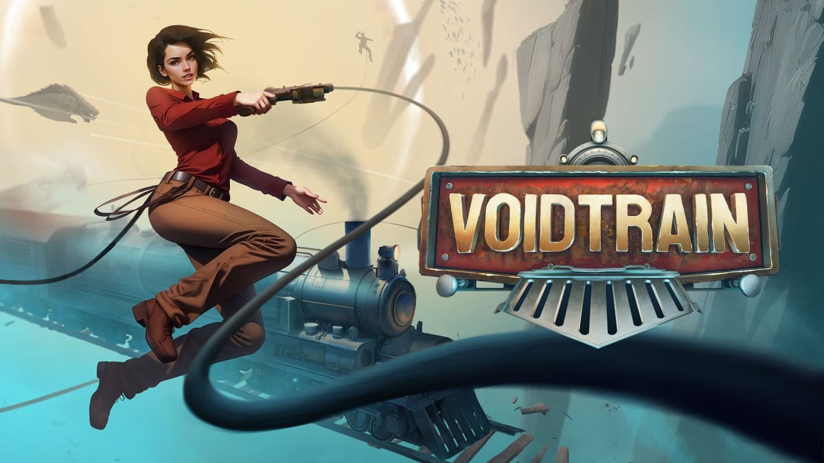 art depicting a woman in jodpers and a red jacket using a grapple hook to swing through a mysterious void. A logo to the right reads Voidtrain, and has the motif of a train's wedge plow. 