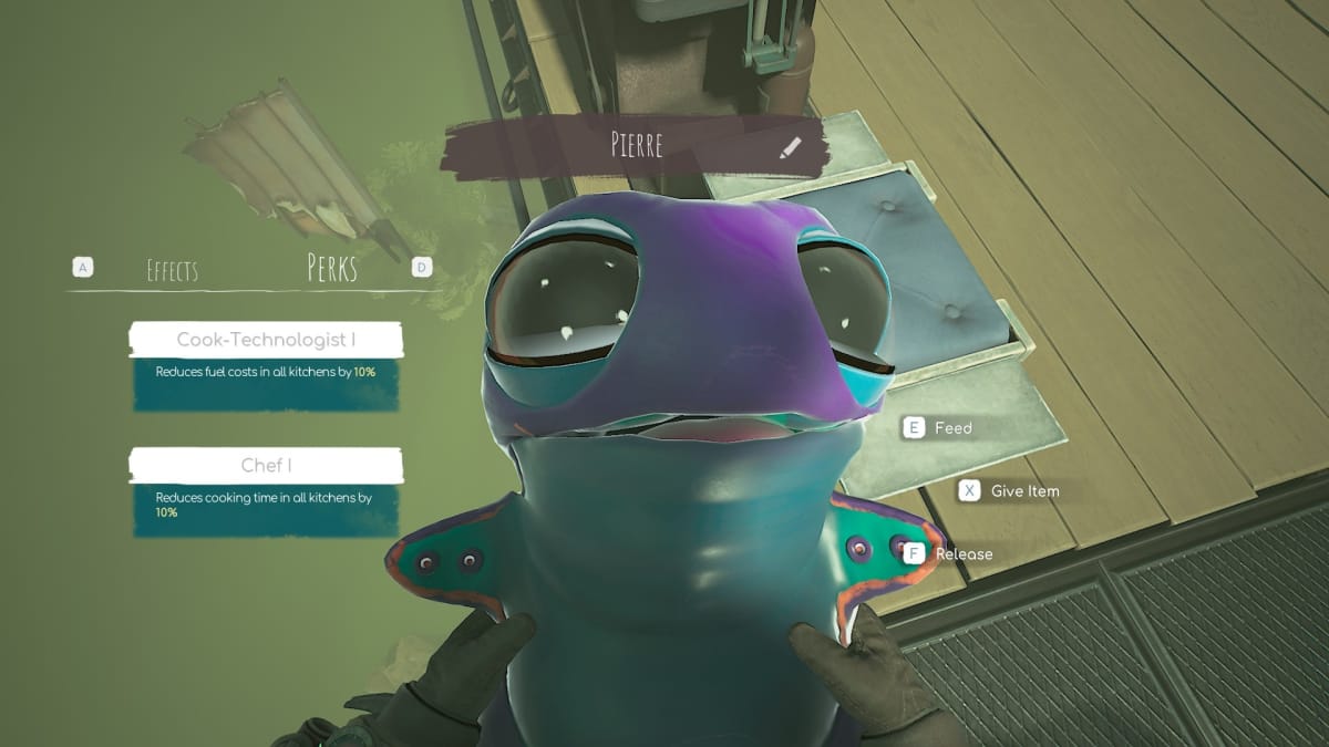 Voidtrain screenshot showing a small alien creature with giant cute eyes and little stubby arms. A name tag above the creature reads "Pierre" and to the left is a menu showing several buffs for in-game stats. 