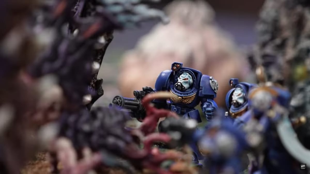 A screenshot from the Warhammer 40k 10th Edition battle report, featuring models of Space Marines in Terminator armor
