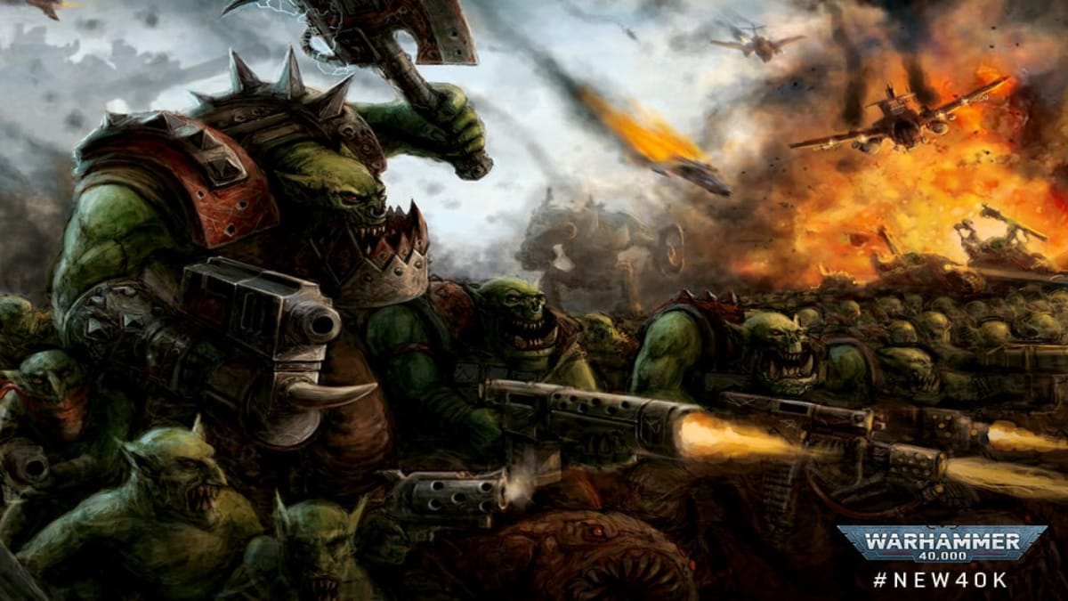 Official artwork of Warhammer 40k 10th Edition Orks, featuring lines of Orks firing machine guns