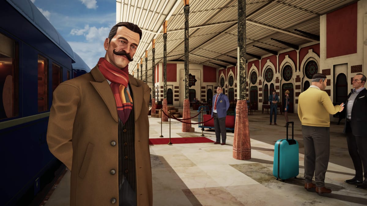Hercule Poirot looking officious in a train station in Agatha Christie - Murder on the Orient Express