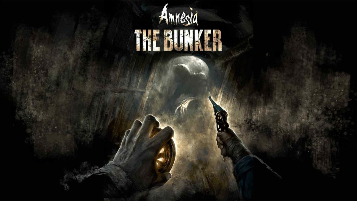 artwork depicting a pair of hands holding an old-fashioned torch and a revolver in a dark corridor. At the end of the corridor a monster is silhouetted in the light and the words "Amnesia: the BUnker" are written at the top of the image. 