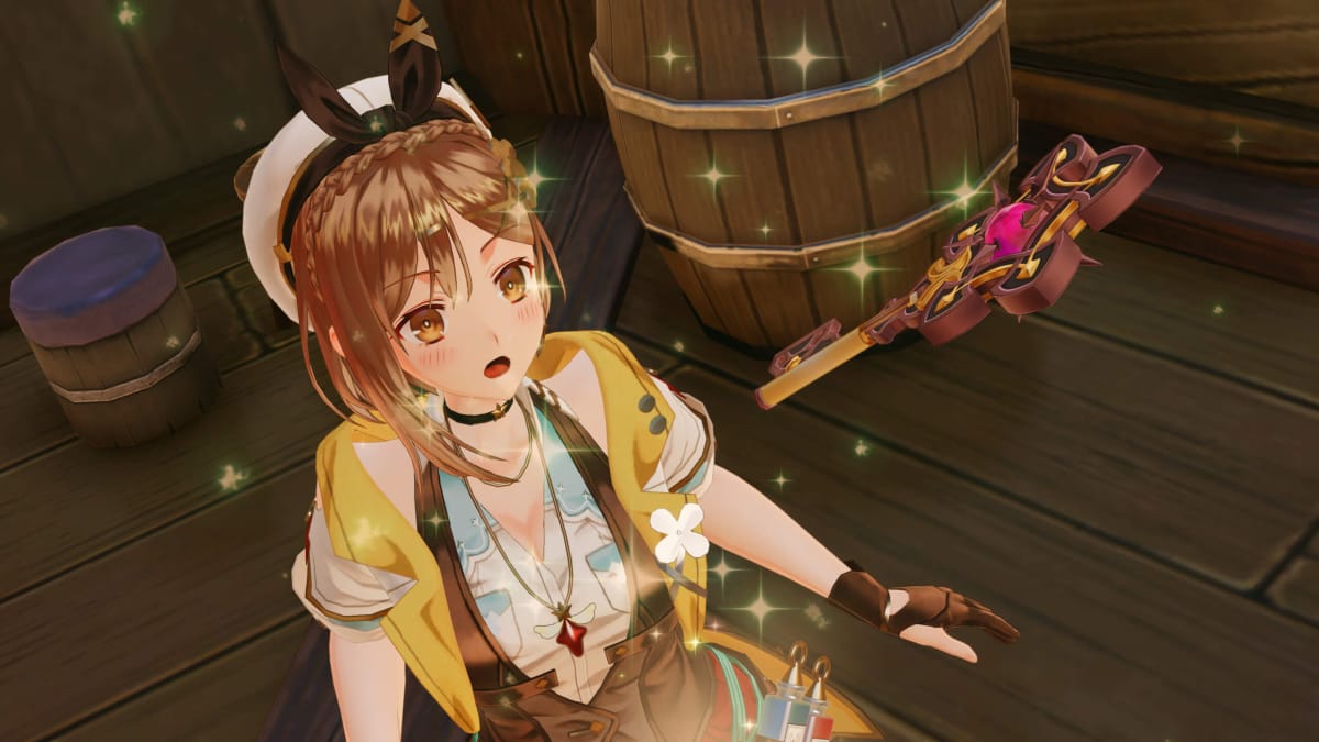 Ryza looking in astonishment at a floating key in Atelier Ryza 3