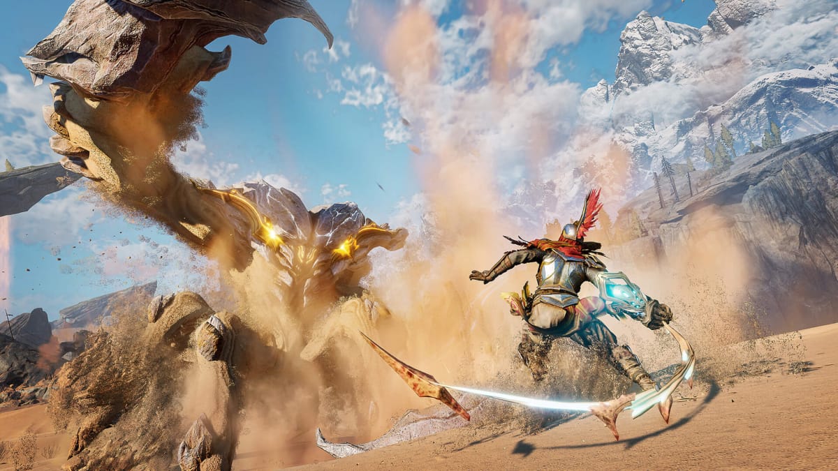 The player using a whip weapon to take down a giant sand crab-style enemy in Atlas Fallen