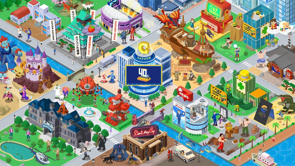 Many Capcom franchises represented as a cute, bustling town in the Capcom Town 40th anniversary website