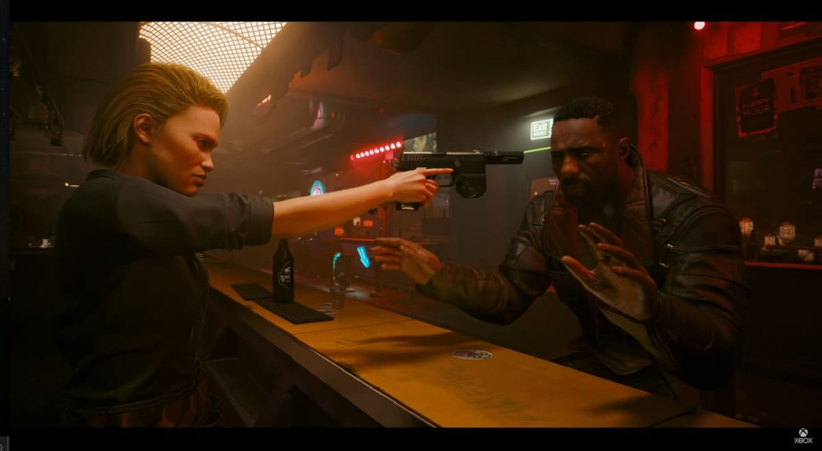 Cyberpunk 2077 featuring V pointing a Pistol at someone