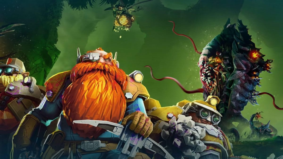 The intrepid dwarves of Deep Rock Galactic in official artwork form, as well as a monstrous Rockpox Corruptor